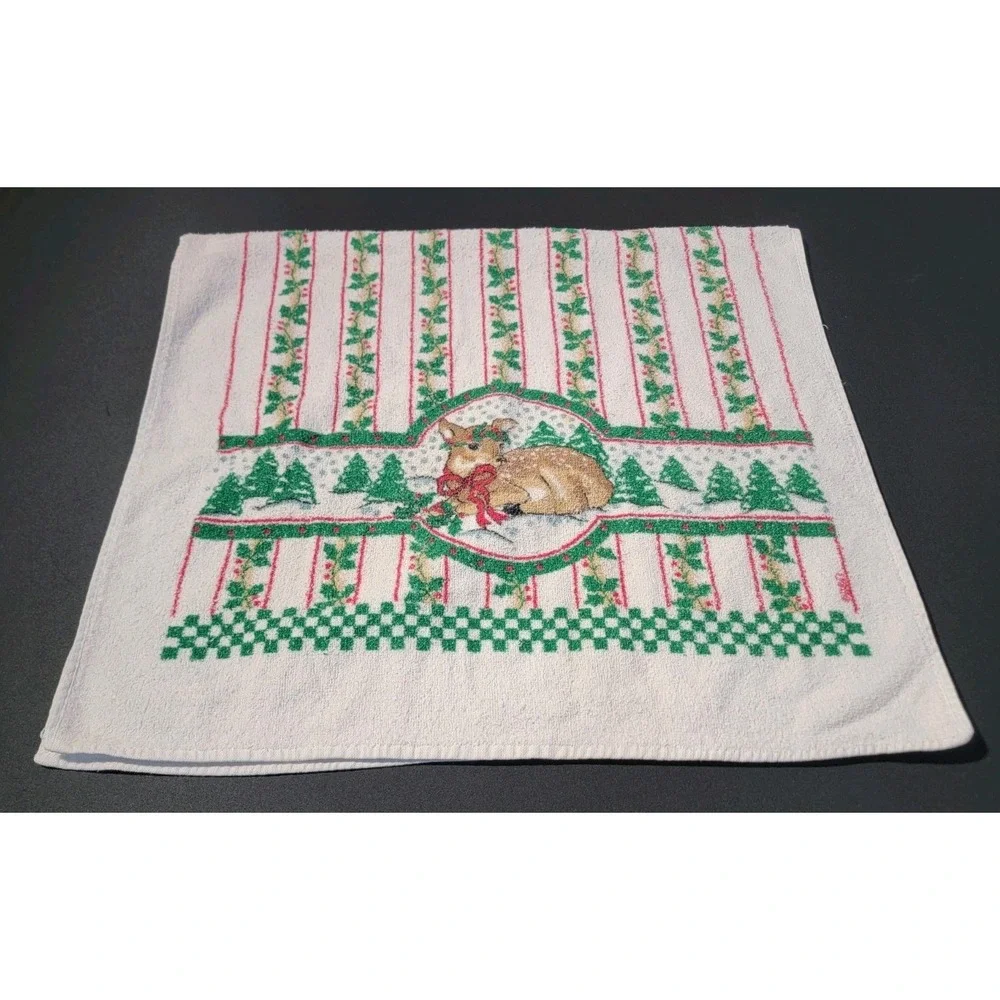 Vintage Bathworks‎ Baby Deer Fawn Mistle Toe White Christmas Bath Towel